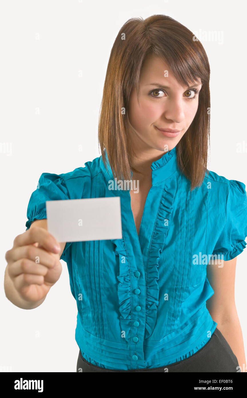 Woman holding a blank business card Stock Photo Alamy