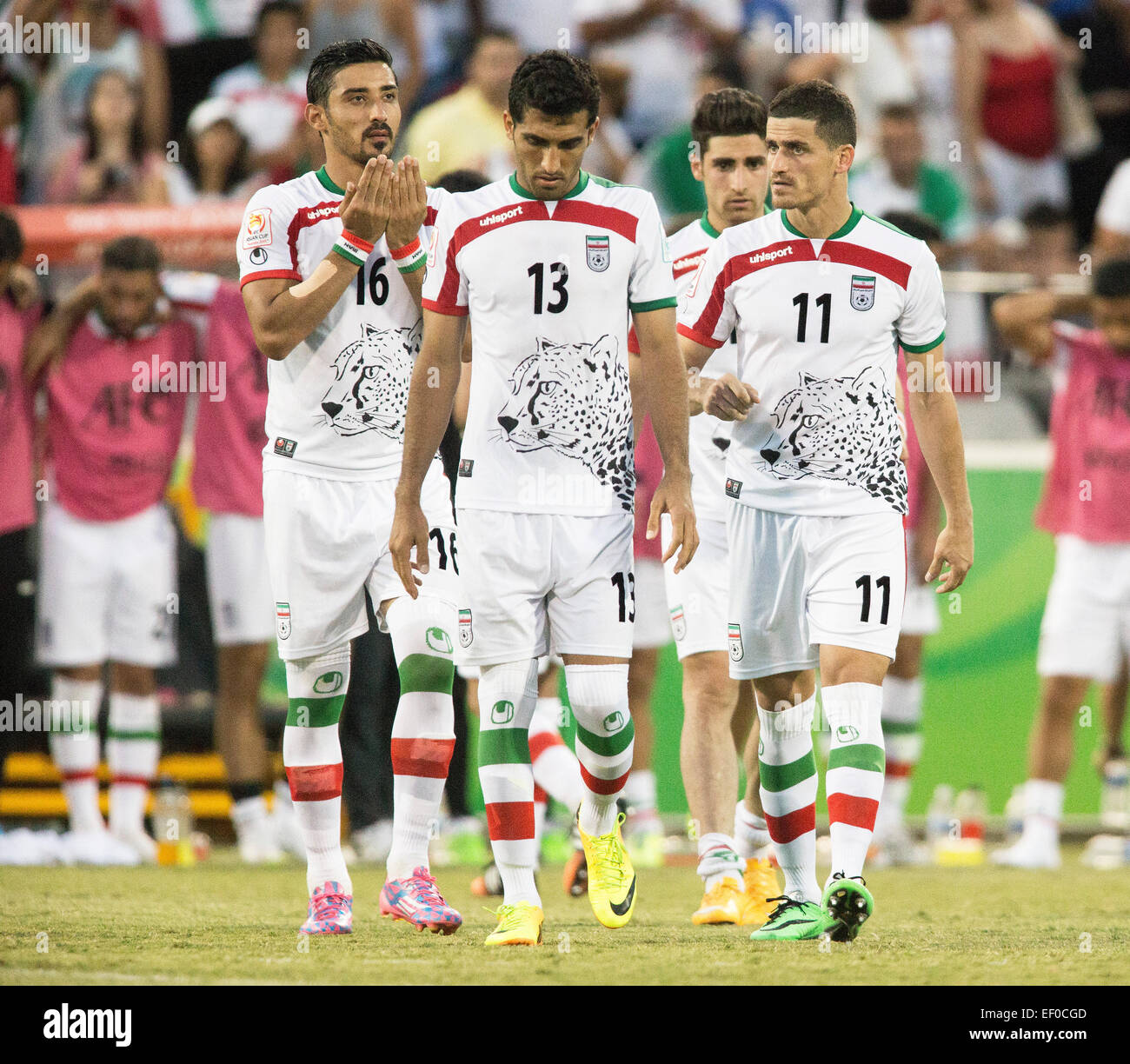 Canberra, Australia. 23rd Jan, 2015. Reza Ghoochannejhad (16) Vahid Amiri (13) and Vouria Ghafouri (11) of Iran get ready for overtime action against Iraq in the FIFA Asian Football Confederation 2015 Asian Cup quarter-final game played in Canberra Stadium, Canberra, Australia © Action Plus Sports/Alamy Live News Stock Photo
