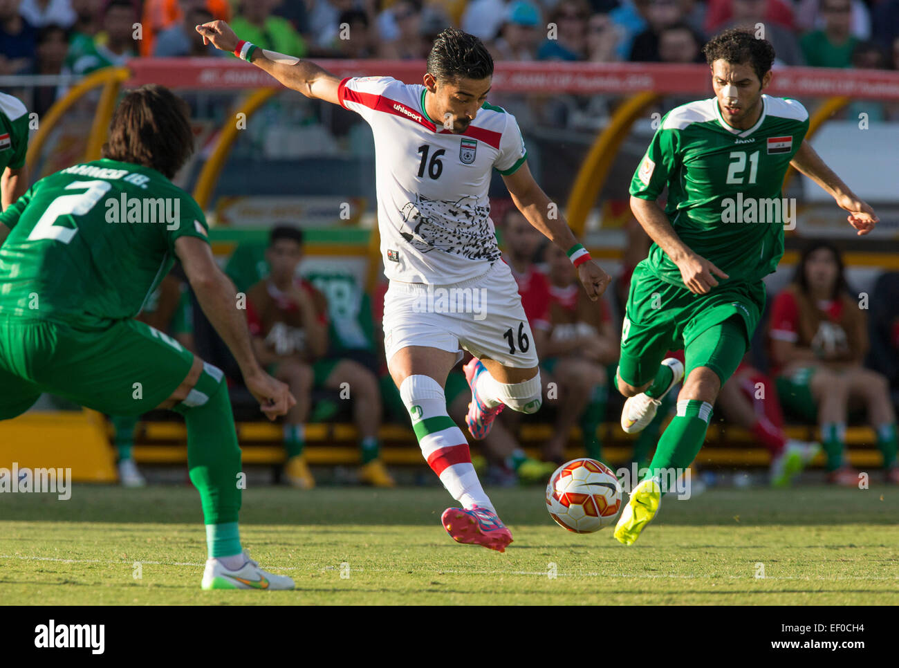 Canberra, Australia. 23rd Jan, 2015. Reza Ghoochannejhad (16) of Iran shoots the ball at the Iraqi goal in the FIFA Asian Football Confederation 2015 Asian Cup quarter-final game played in Canberra Stadium, Canberra, Australia © Action Plus Sports/Alamy Live News Stock Photo