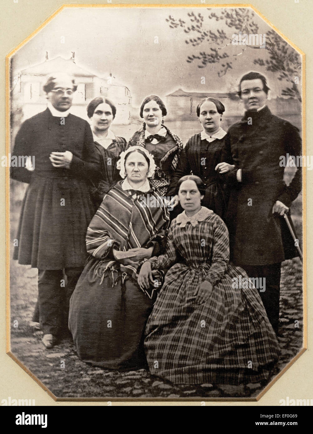J.L. Runeberg, Fredrika Runeberg, Annette Reuterskjöld, Tilda and Adolf Sirén, Emma Borgström and her daughter Fiken. Copy of daguerreotype, 1846 Stock Photo