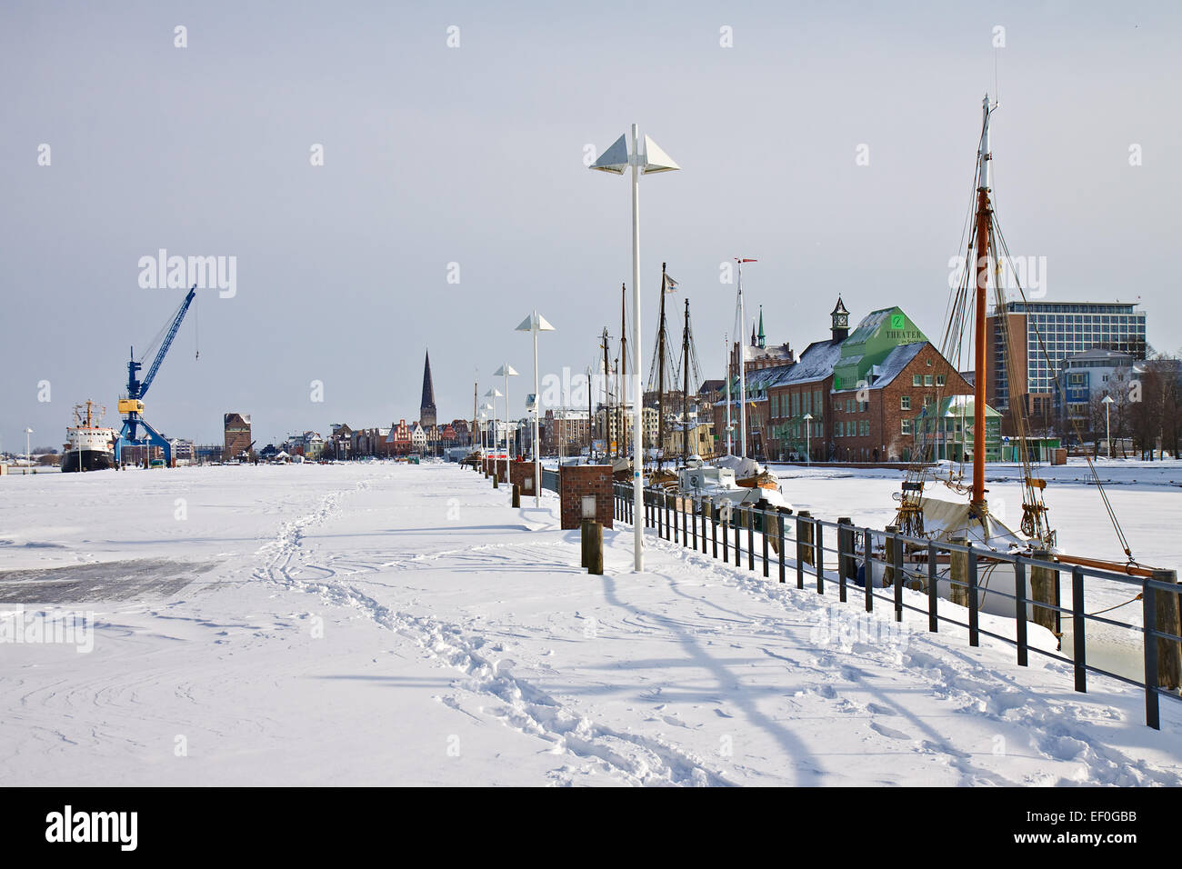 The city port of Rostock in the winter. Stock Photo