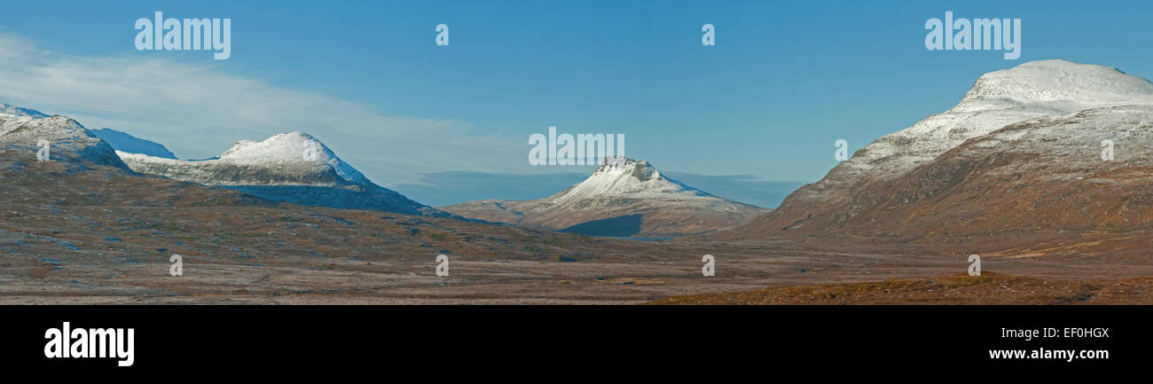 Snowcapped Stac Pollaidh and Cul Beag Panoramic Stock Photo