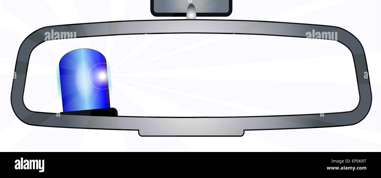 A vehicle rear view mirror showing a police vehicle flashing blue light