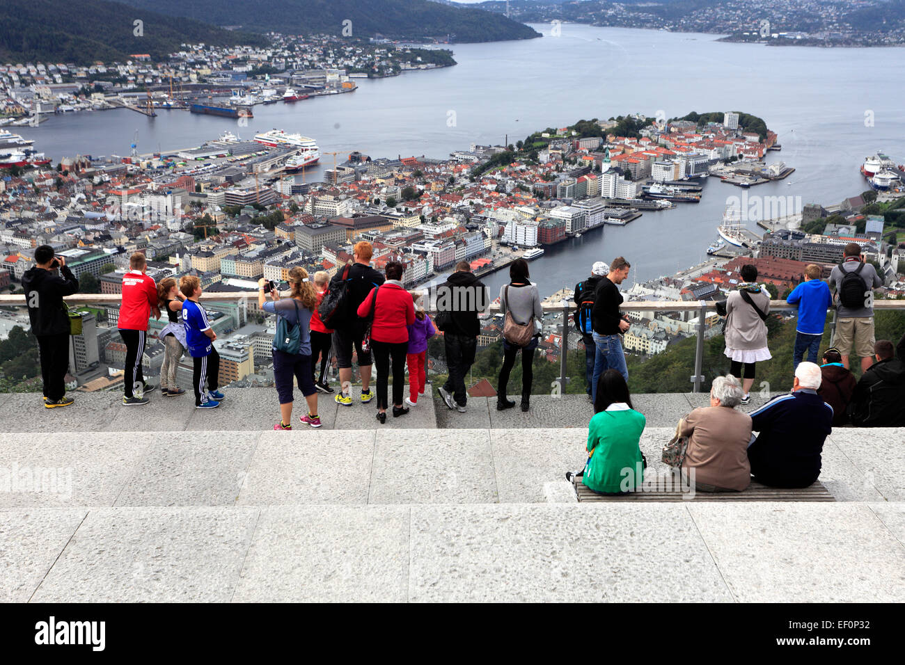 View from the Floibanen funicular railway viewpoint on top of Floyen  Mountain of the waterfront and the Vagen harbour, Bergen Stock Photo - Alamy