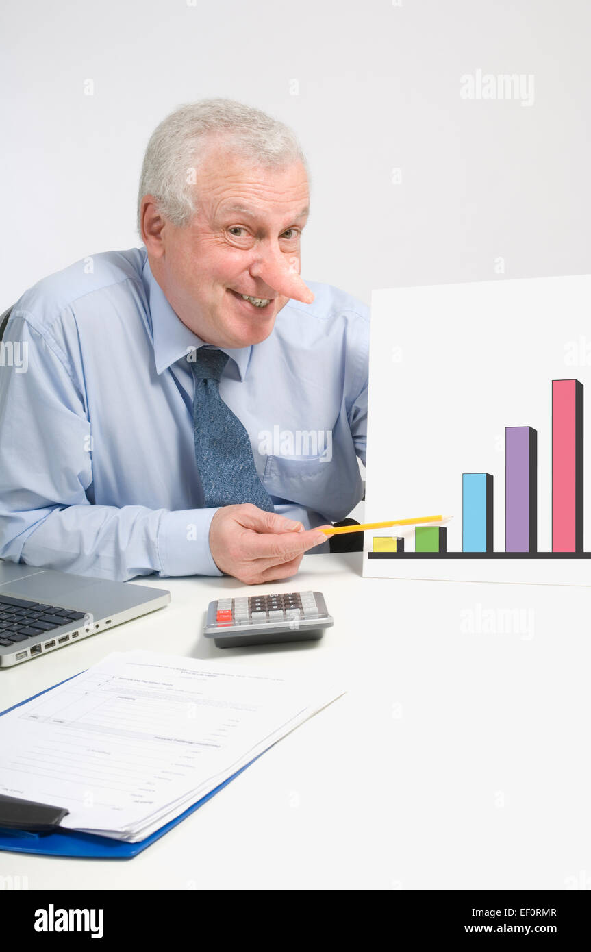 Man with a very long nose pointing at a bar graph Stock Photo