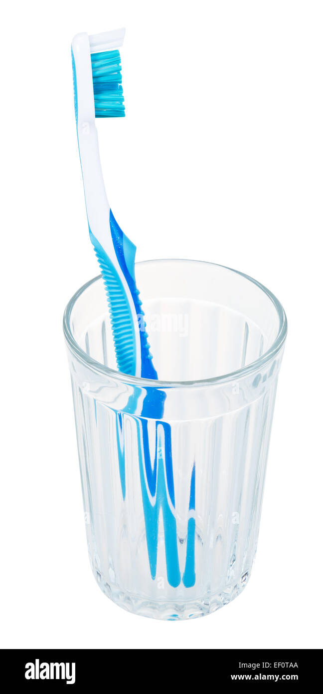 one blue tooth brush in glass isolated on white background Stock Photo ...