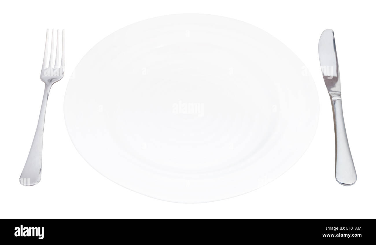 empty white plate with fork and knife isolated on white background ...