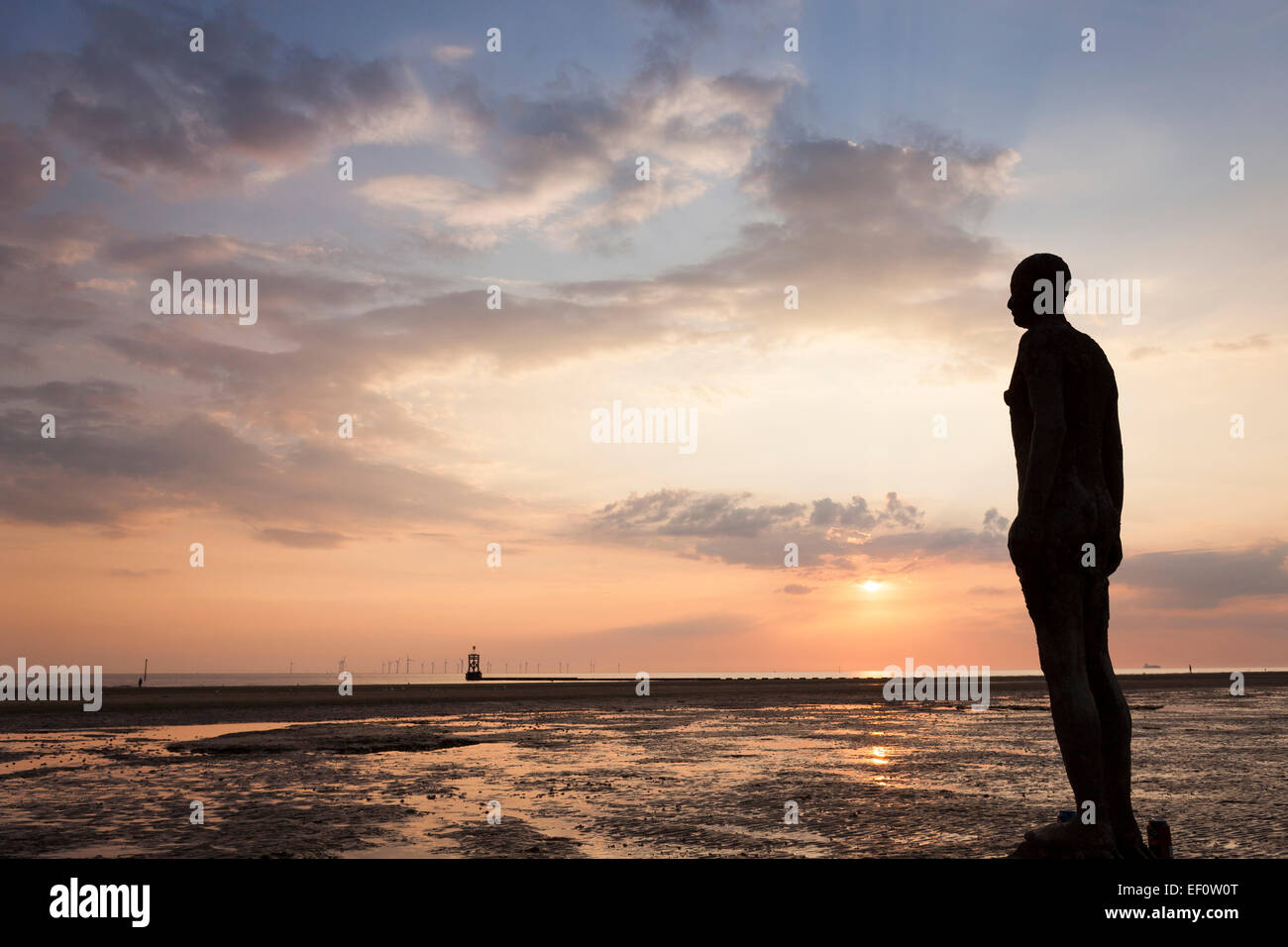 "Another Place", [Antony Gormley] statue at sunset, [Crosby Beach