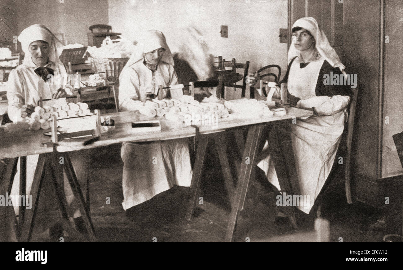 Women volunteers making hospital requisites for the St. John Ambulance Brigade Hospital during World War One. Stock Photo