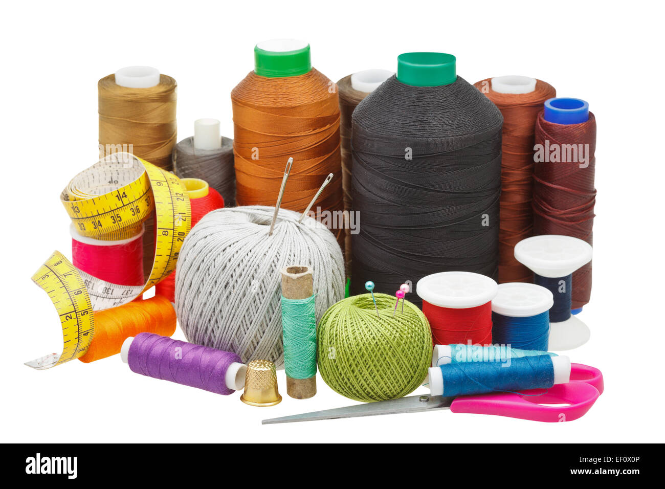 various sewing objects isolated on white background Stock Photo - Alamy