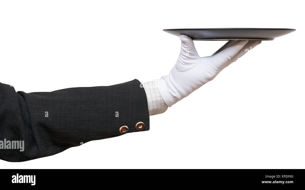 side view of arm in white glove with empty flat black plate isolated on white background Stock