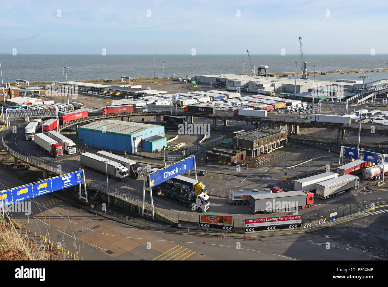 Dover Eastern Harbour. Inbound lorries queuing on the overhead