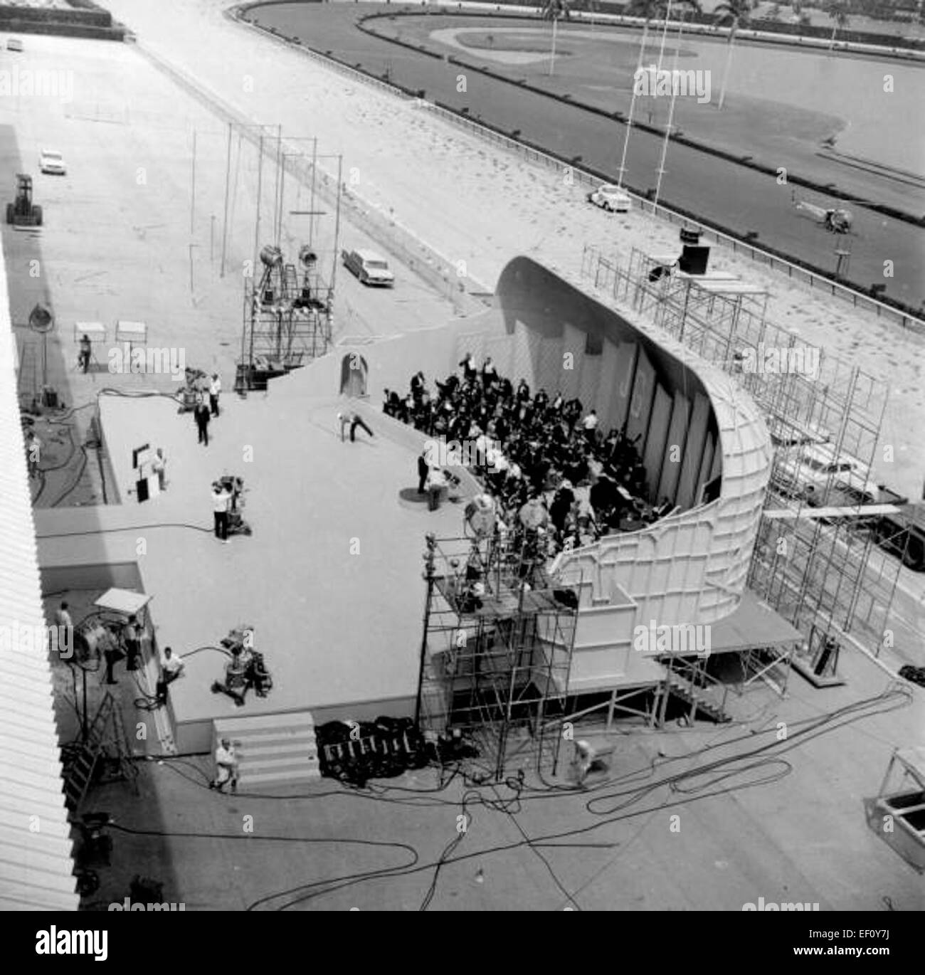 A behind-the-scenes view of the set of the Jackie Gleason Show, filmed at Gulfstream Park, showing the iconic television production environment. Stock Photo