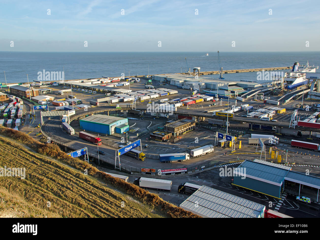 Dover Eastern Harbour. Inbound lorries queuing on the overhead