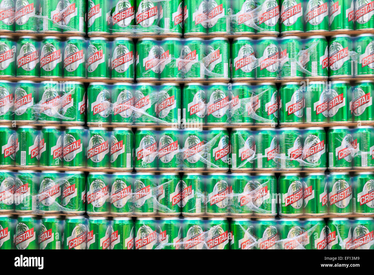 [Editorial Use Only] A wall of Cerveza Cristal beer cans, a popular beer in Cuba Stock Photo