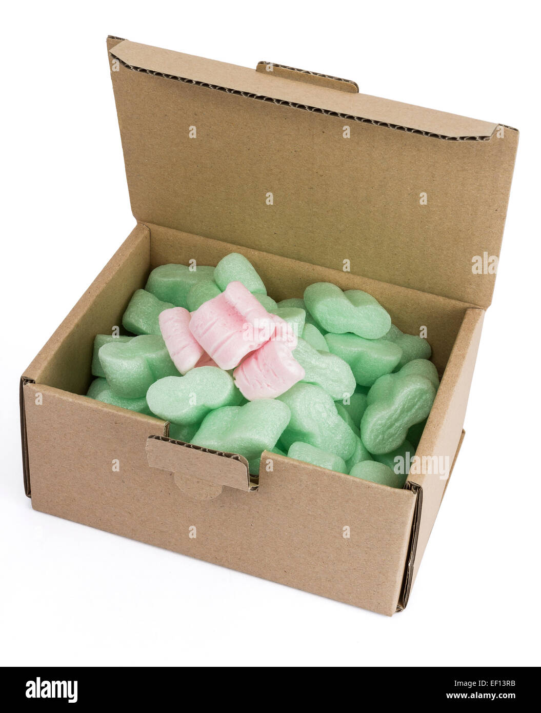 open packaging box with green and pink foam on white background Stock Photo