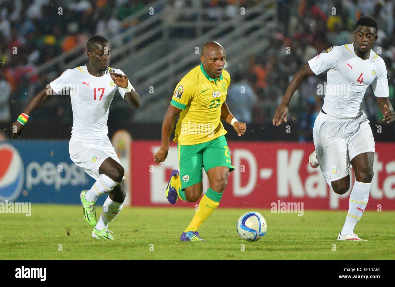 Equitorial Guinea. 23rd Jan, 2015. African Cup of nations football. South Africa versus Senegal. Idrissa Gana Gueye et Alfred J.M. John M. Ndiaye (SEN) challenged by Tokelo Anthony Rantie (AFS) © Action Plus Sports/Alamy Live News Stock Photo