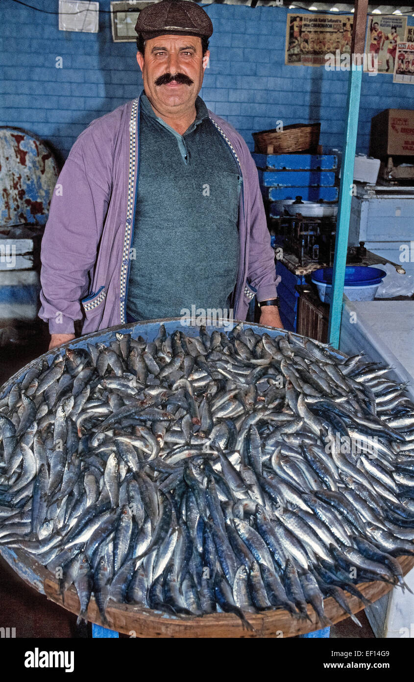 A Turkish fisherman sells his daily catch of fresh sardines at Dikili, Turkey, a seaport on the Aegean Sea. In this region along the western coast of the country, sardines often are served at mealtime as the traditional main course after being rolled in grape leaves and baked in an oven. Sometimes called pilchards, sardines are small oily fish that are rich in B vitamins and omega-3 fatty acids. Stock Photo