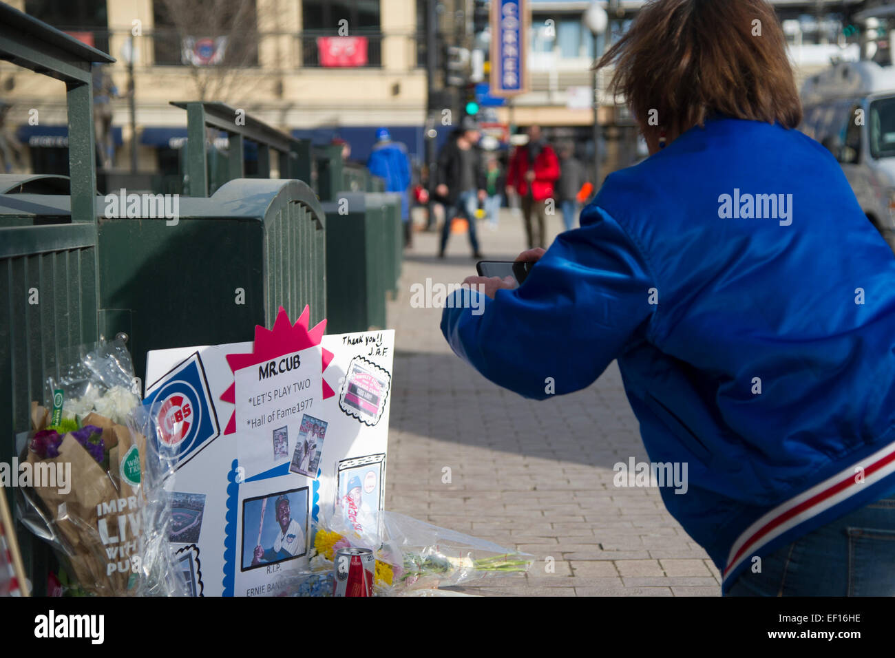 January 24, 2015: Chicago Cubs great and ambassador of Baseball Earnie Banks dies at the age of 83. A Chicago Cubs fan takes a photo of the memorial set up outside Wrigley Field. Mandatory credit: Kostas Lymperopoulos/CSM Stock Photo
