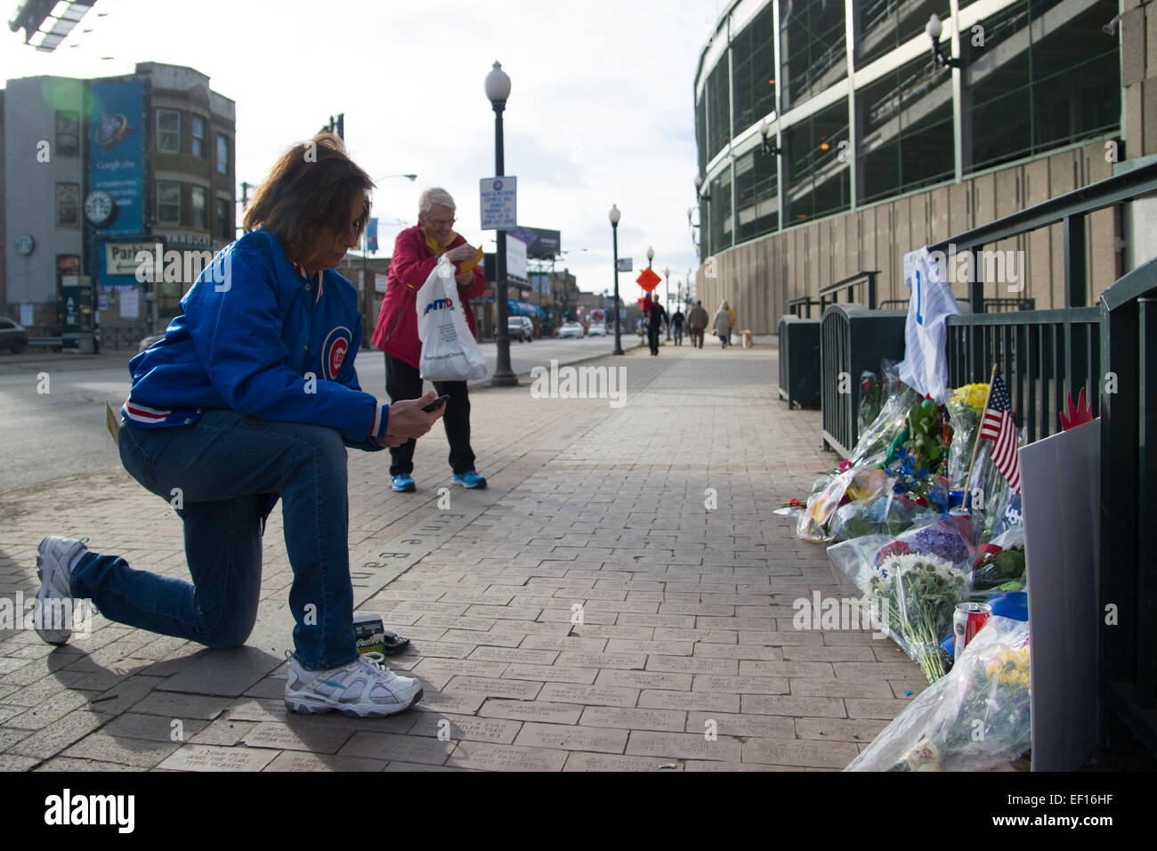 January 24, 2015: Chicago Cubs great and ambassador of Baseball Earnie Banks dies at the age of 83. A fan kneels to take a photo at the memorial set up outside Wrigley Field. Mandatory credit: Kostas Lymperopoulos/CSM Stock Photo