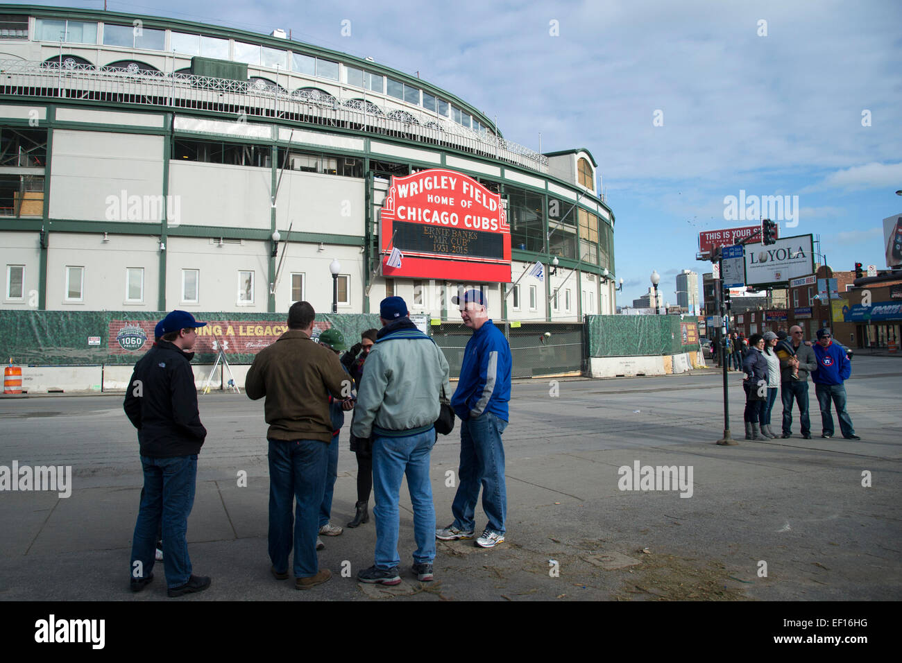 January 24, 2015: Chicago Cubs great and ambassador of Baseball Earnie Banks dies at the age of 83. Fans gather in tribute outside Wrigley Field. Mandatory credit: Kostas Lymperopoulos/CSM Stock Photo