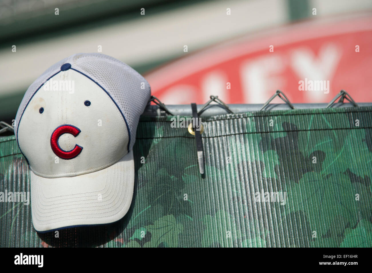 January 24, 2015: Chicago Cubs great and ambassador of Baseball Earnie Banks dies at the age of 83. A classic Chicago Cubs hat is hung in memoriam on the fence surrounding Wrigely Field. Mandatory credit: Kostas Lymperopoulos/CSM Stock Photo