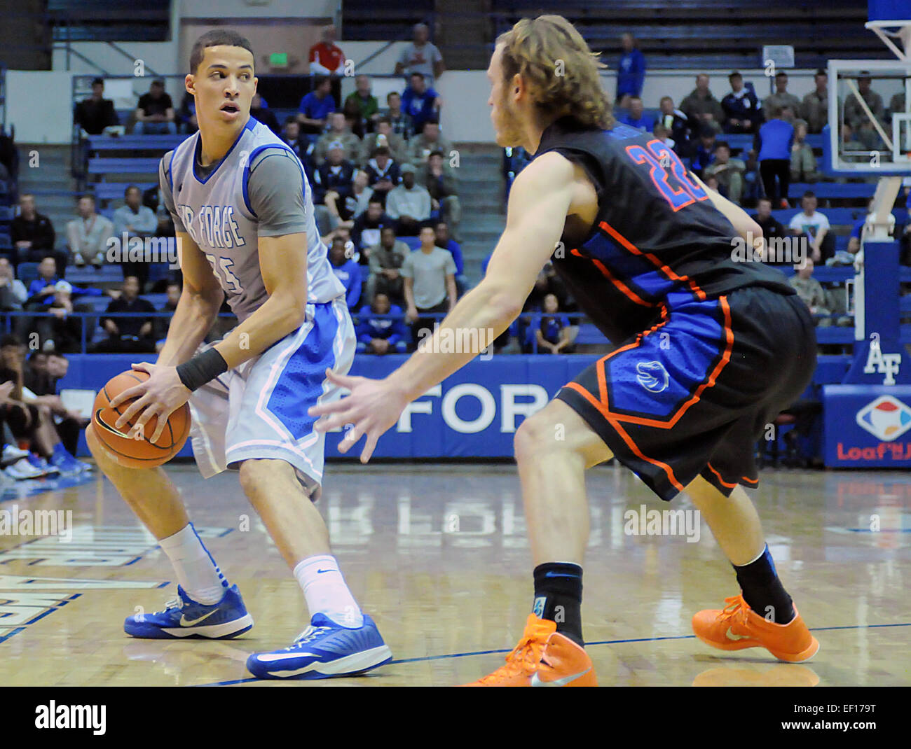 Colorado Springs, Colorado, USA. 24th Jan, 2015. Air Force forward, Hayden Graham #35, works against Bronco, Robert Heyer #22, during a Mountain West Conference match-up between the Boise State Broncos and the Air Force Academy Falcons at Clune Arena, U.S. Air Force Academy, Colorado Springs, Colorado. Boise State defeats Air Force 77-68. © csm/Alamy Live News Stock Photo