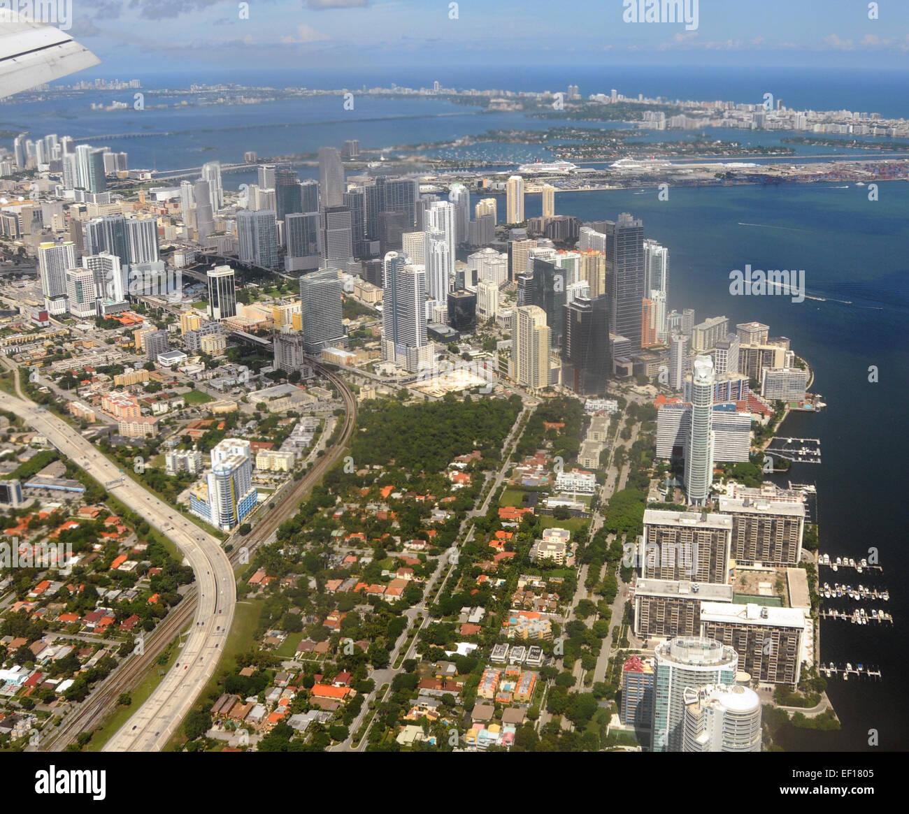 Downtown Miami, Florida, aerial view from airplane Stock Photo