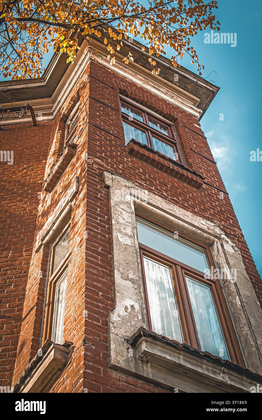 part of the building of brick with windows and branch of yellow leaves Stock Photo