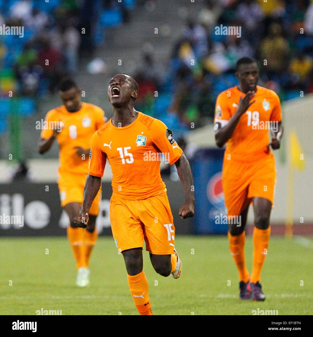 Malabo, Equatorial Guinea. 24th Jan, 2015. Max Alain Gradel (Front) of Cote d'Ivoire celebrates his goal during the group match of Africa Cup of Nations against Mali in Malabo, Equatorial Guinea, Jan. 24, 2015. The match ended with a 1-1 draw. © Li Jing/Xinhua/Alamy Live News Stock Photo