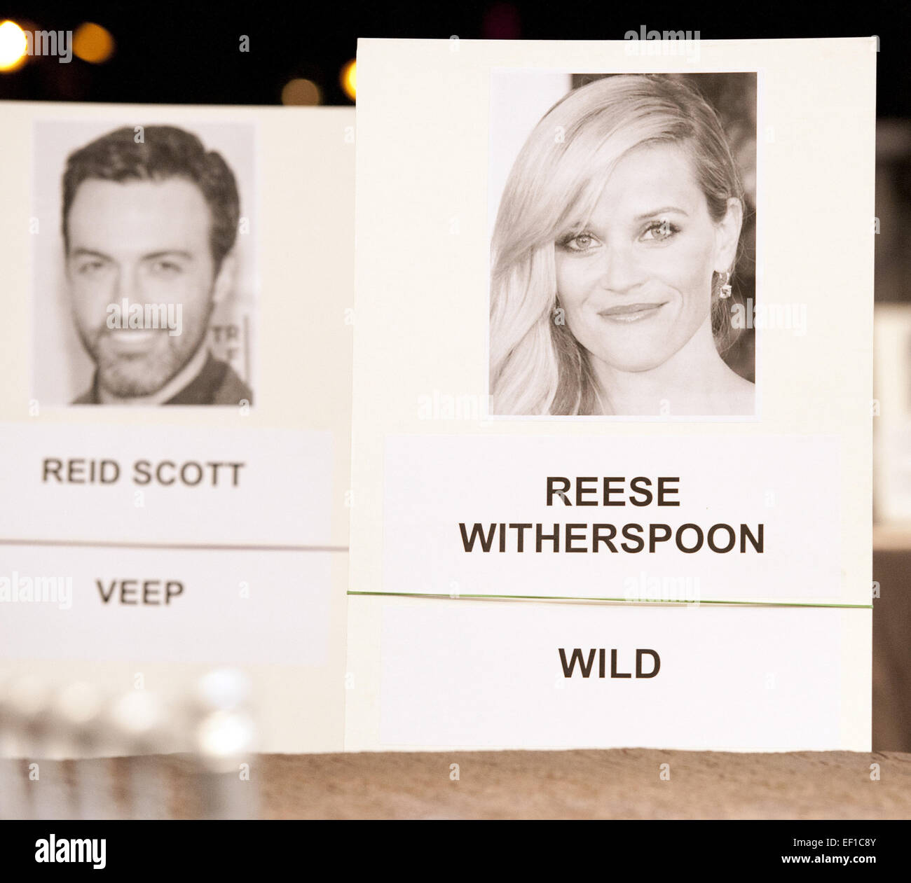 Los Angeles, California, USA. 24th Jan, 2015. SAG Seating Chart--Reese Witherspoon--Wild.--The 21st Annual 2015 Screen Actors Guild Awards preparations were underway at the Shrine Auditorium in Los Angeles as workers set up tents, stages, bleachers and displays on Saturday. American actor Matt McGorry, 'Orange is the New Black' nominee, led the ceremonial rolling out of the red carpet with Local 33 Props and Carpenters, Local 800, Art Directors as well as Sag Award Committee Vice Chair Daryl Anderson and American actor Woody Schultz. Inside the Shrine Auditorium stand ins rehearsed award pr Stock Photo