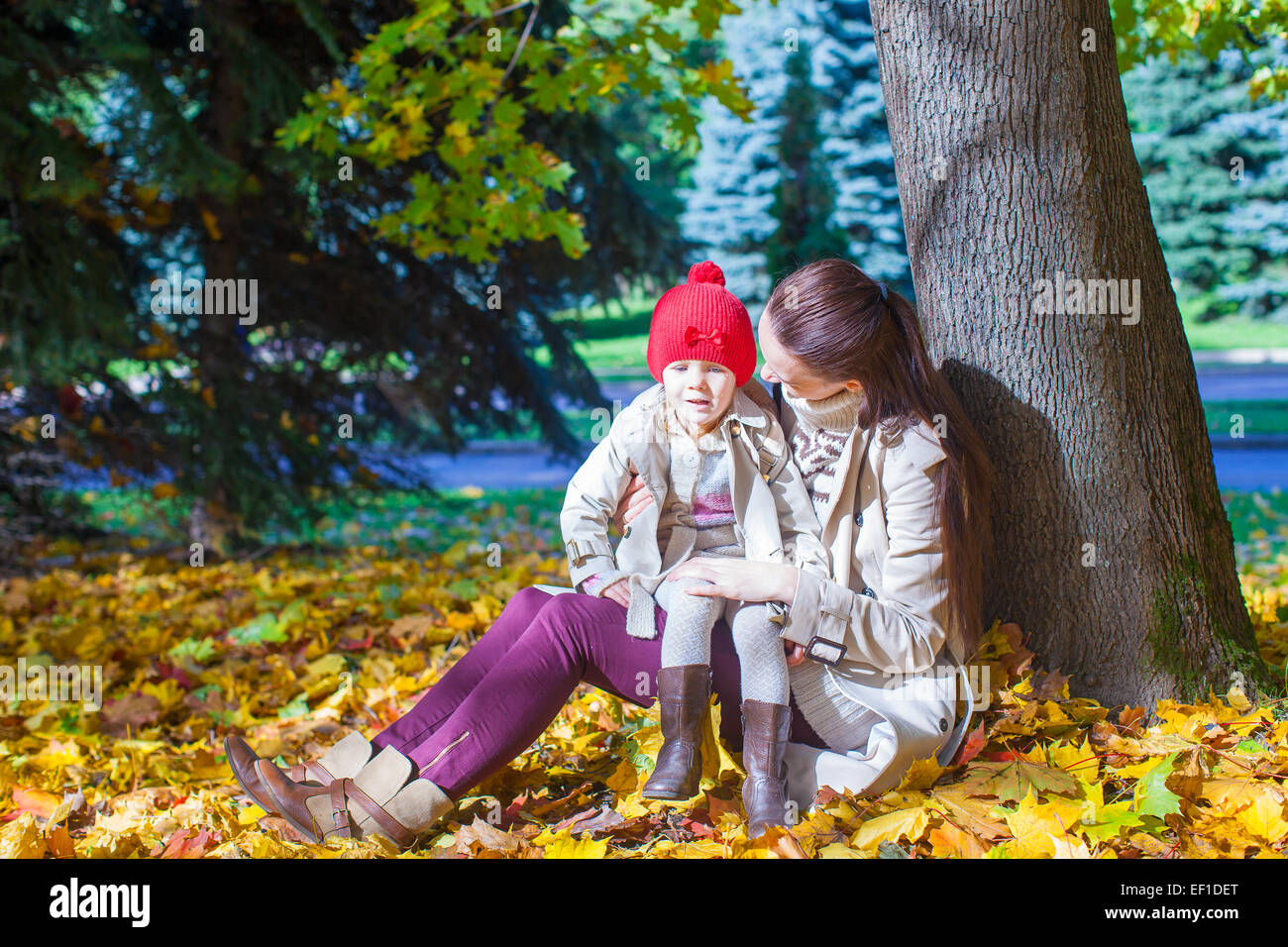 Little girl and young mom in yellow autumn park on sunny day Stock ...