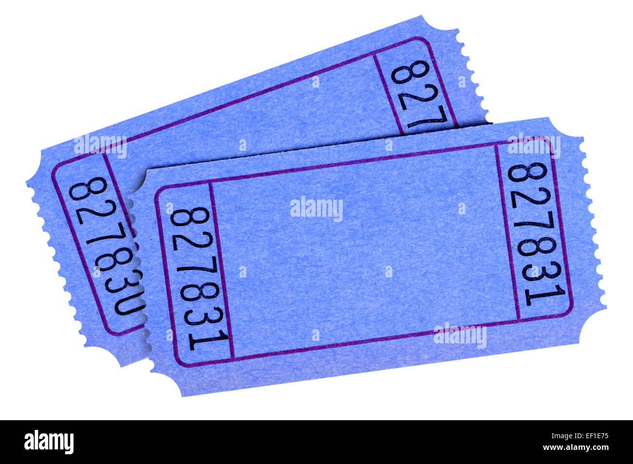 Pair of blank blue cinema tickets isolated on white background. Stock Photo