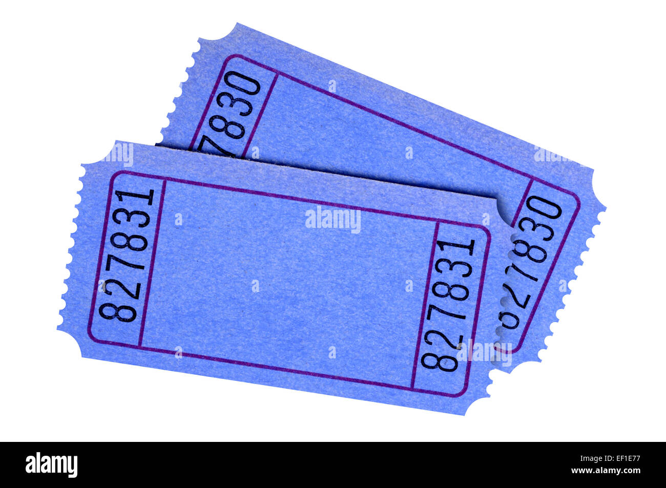 Pair of blank blue raffle tickets isolated on white background. Stock Photo