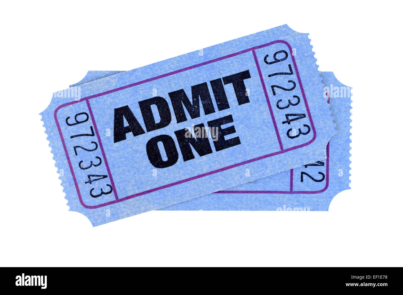 Blue admit one tickets isolated on white background. Stock Photo
