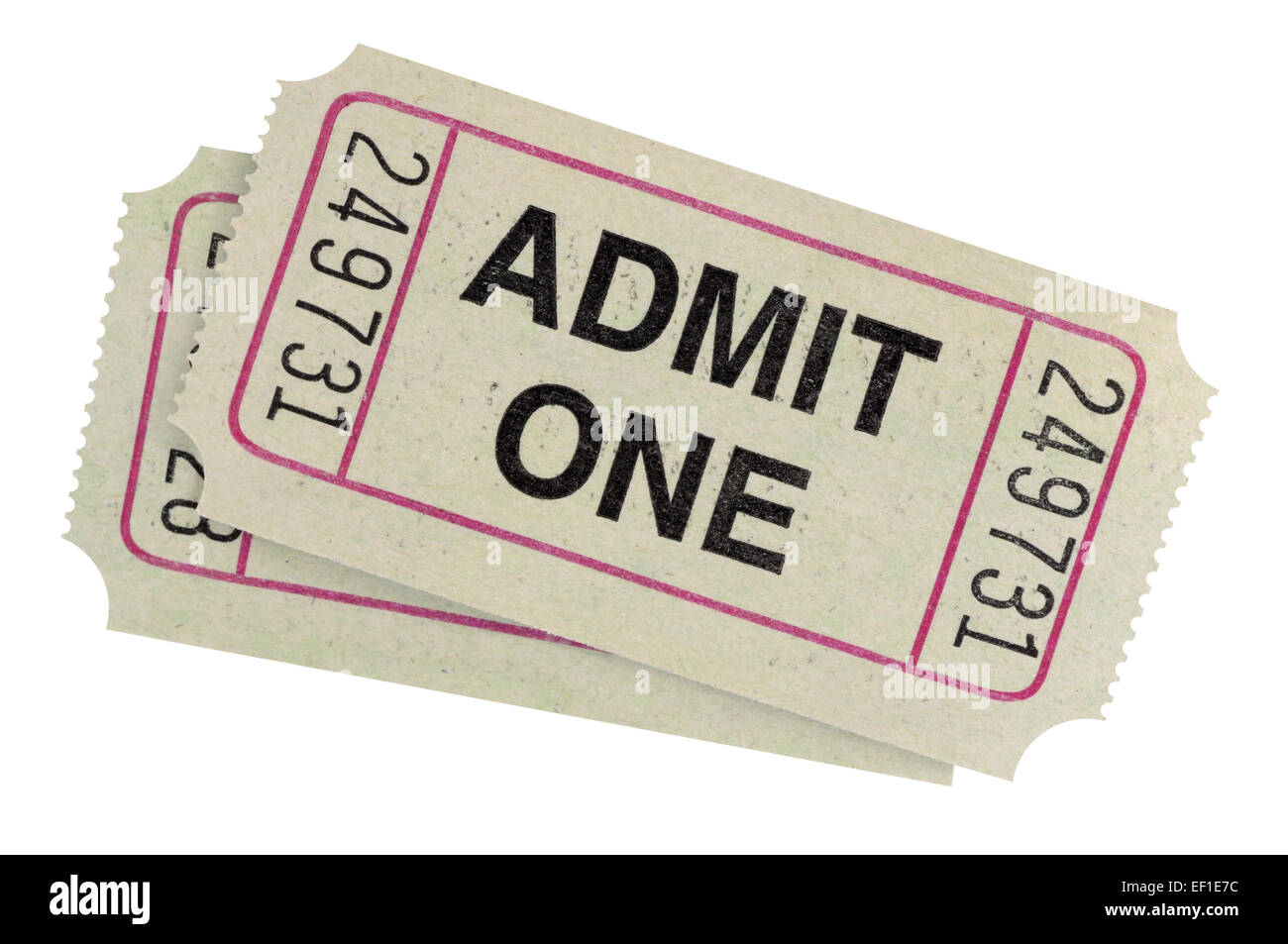 Pair of admit one tickets isolated on white background. Stock Photo