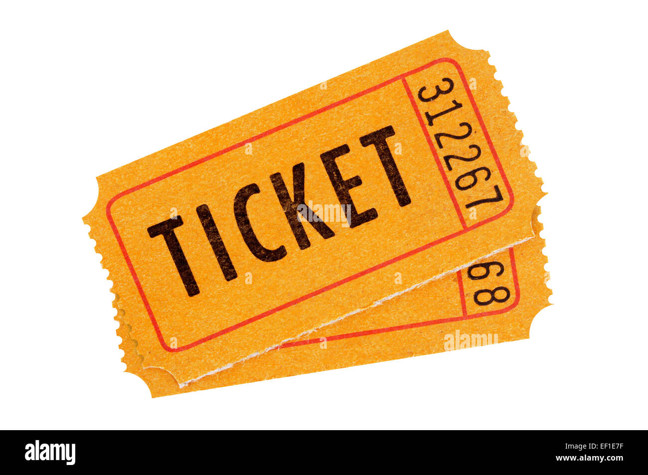 Two orange tickets isolated on a white background. Stock Photo