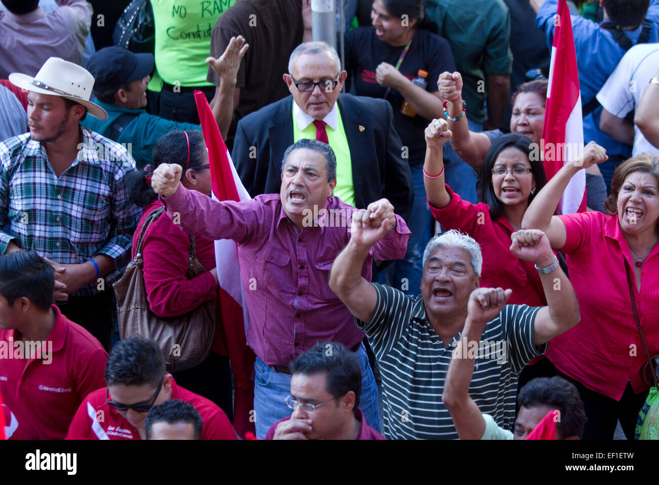 (150125) -- TEGUCIGALPA, Jan. 25, 2015 (Xinhua) -- Supporters of the political party "Libertad y Refundacion", whose leader is former Honduran President, Jose Manuel Zelaya Rosales, celebrate the constitutional non-ratification of the Military Police of Public Order (PMOP), in front of the National Congress, in Tegucigalpa city, Honduras, on Jan. 24, 2015. The Honduran Congress rejected on Saturday the proposal of the Executive Branch to grant constitutional rank to the PMOP, during the closing of the sessions of the first legislature. After the rejection of the lawmakers, President Juan Orlan Stock Photo