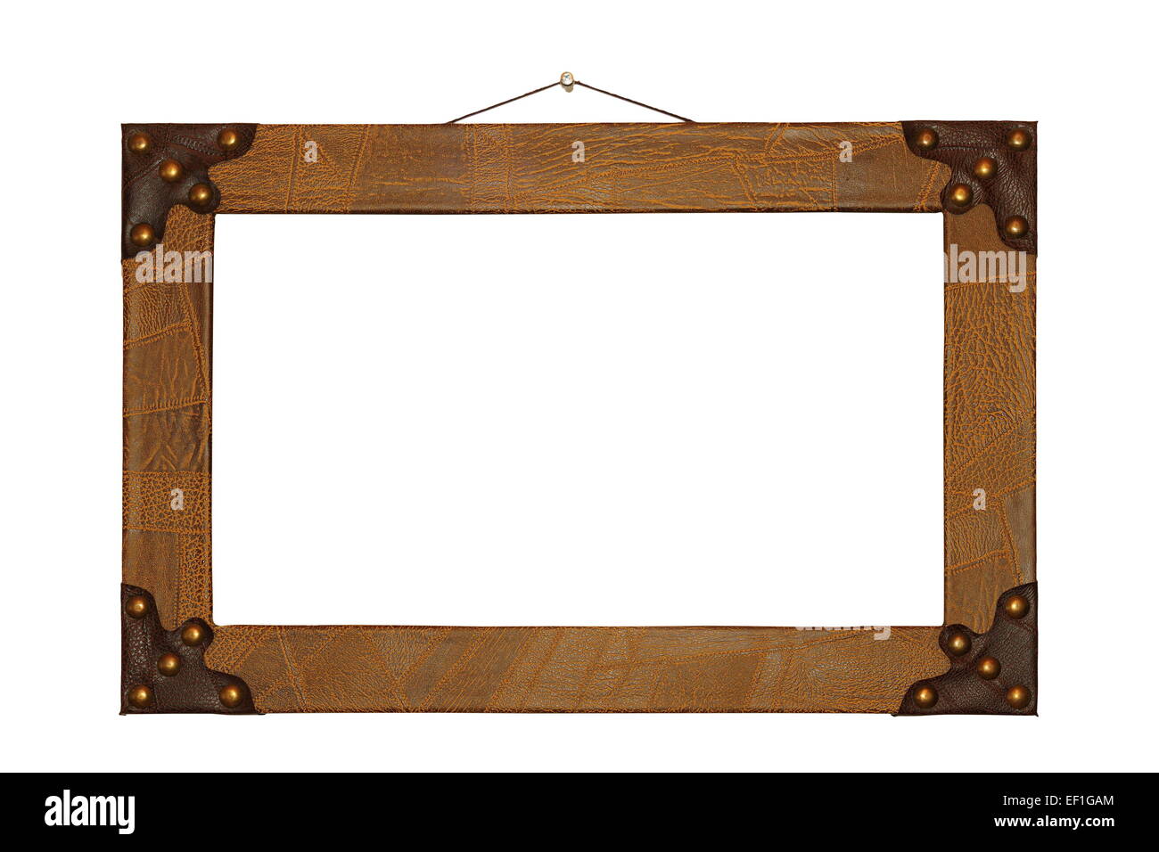 empty ancient painting frame finished with leather isolated over white