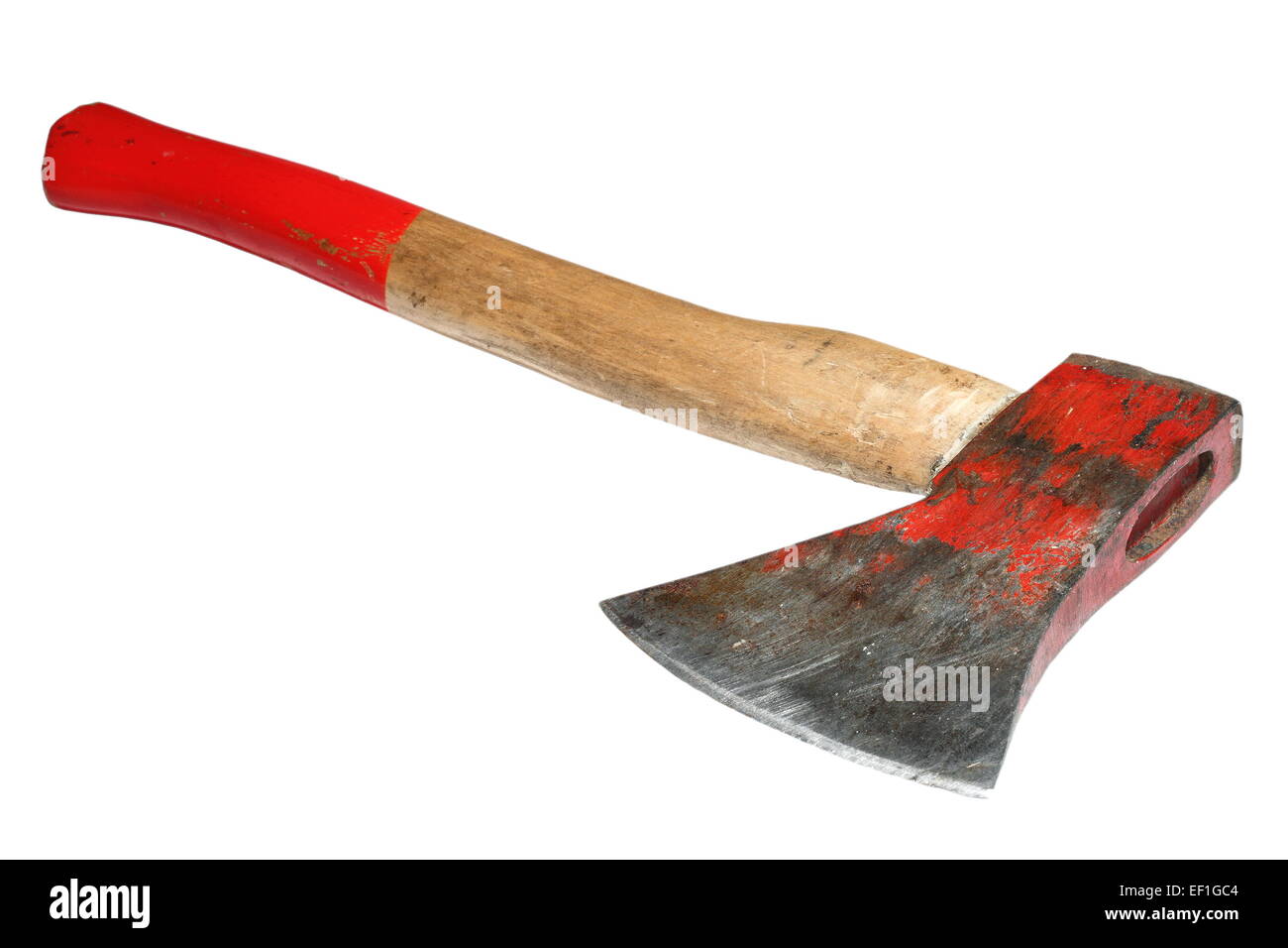 old red painted used hatchet over white background Stock Photo