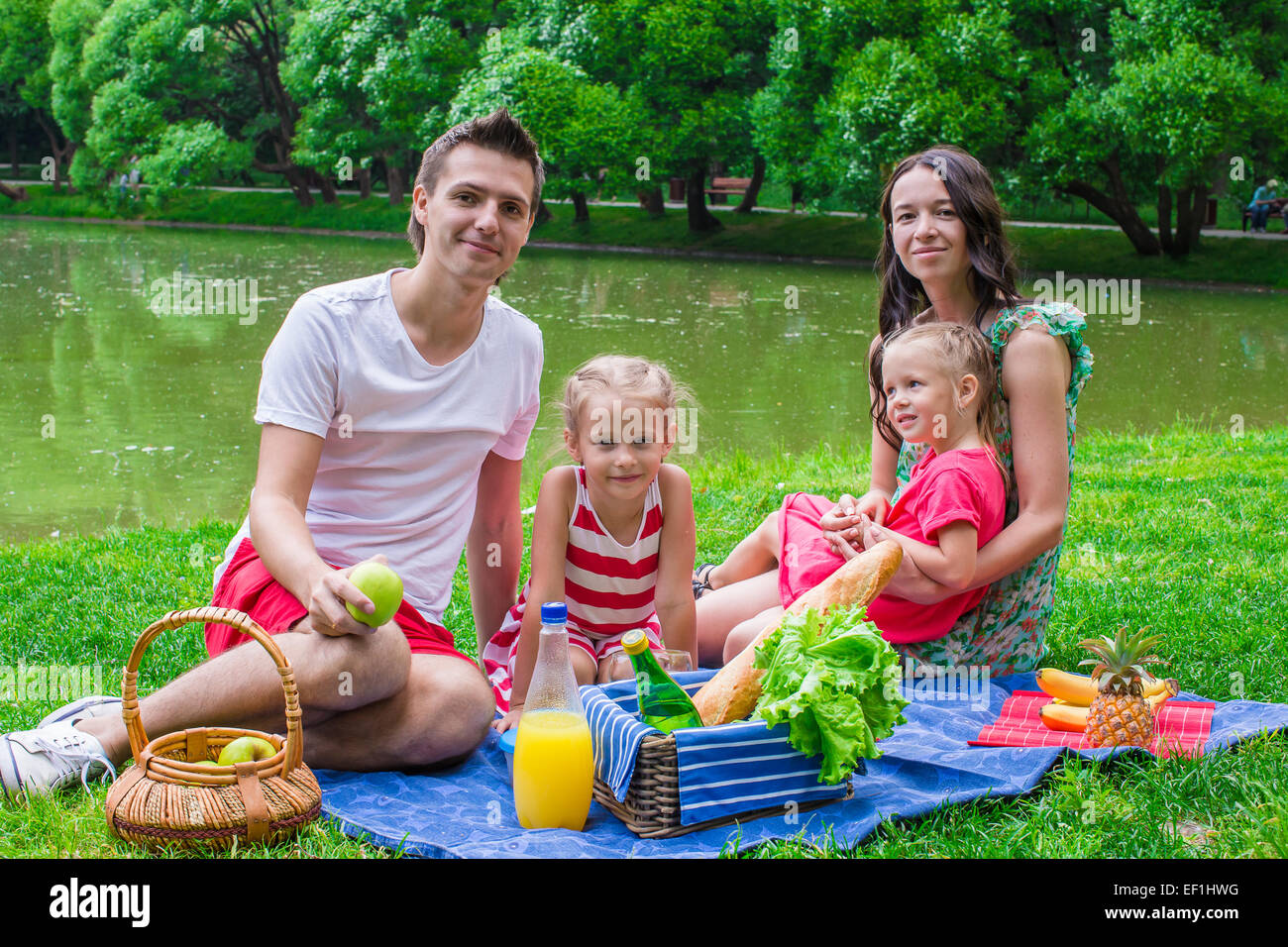 Happy family of four picnicking in the park on summer day Stock Photo ...