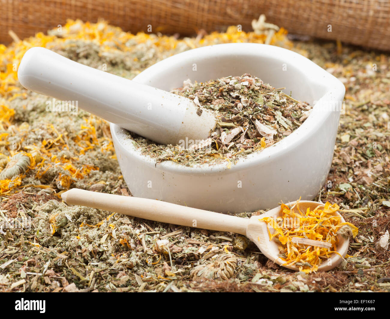 mortar, pestle and healing herbs, herbal medicine Stock Photo - Alamy