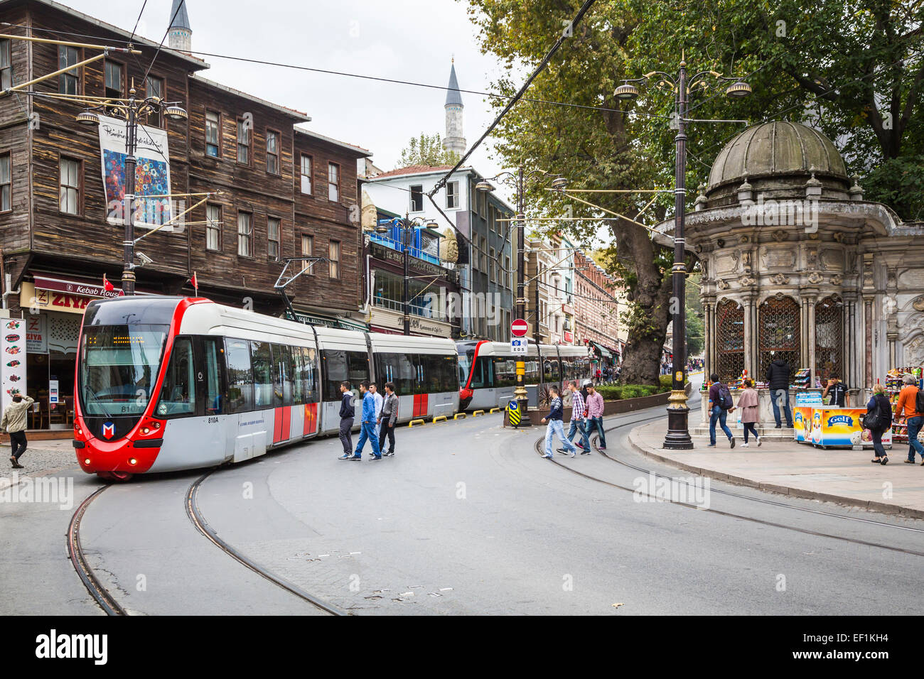A street tram rapid transit system in Sultanahmet, Istanbul, Turkey, Eurasia. Stock Photo