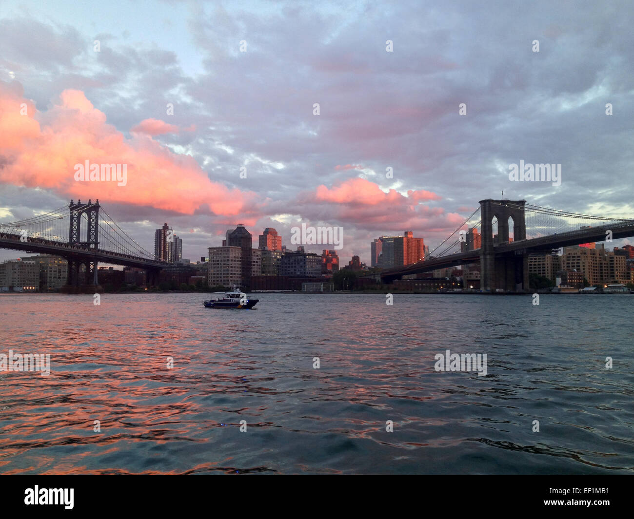 Sunset view of Brooklyn, NY from the Two Bridges area of Manhattan, New York, NY, USA. Stock Photo