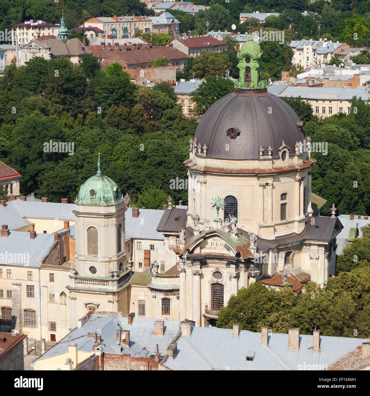 Top view of the Lvov city from height. Dominican cathedral. Stock Photo
