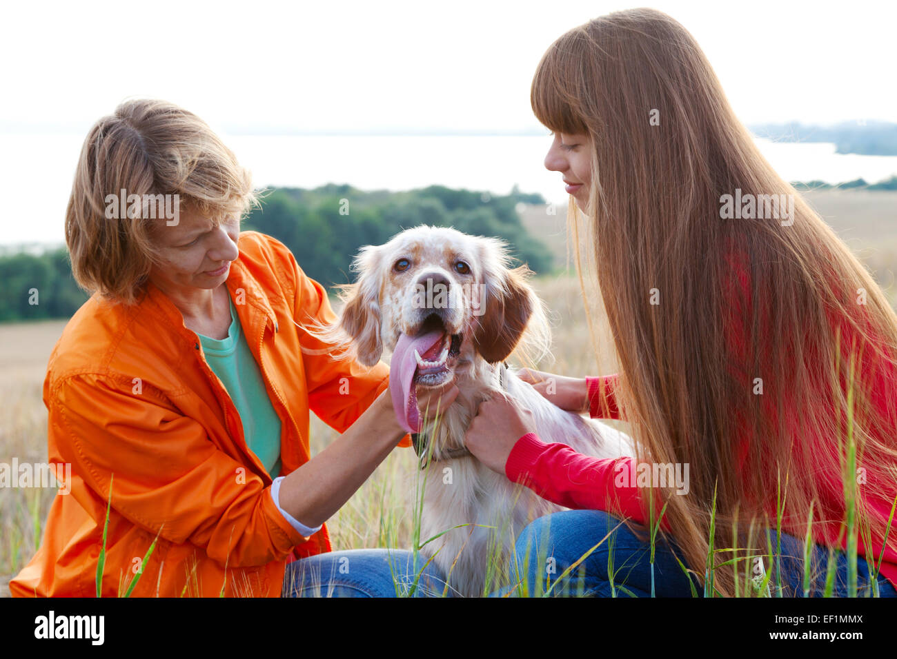 mother and her daughter with dog (Irish setter) outdoors Stock Photo