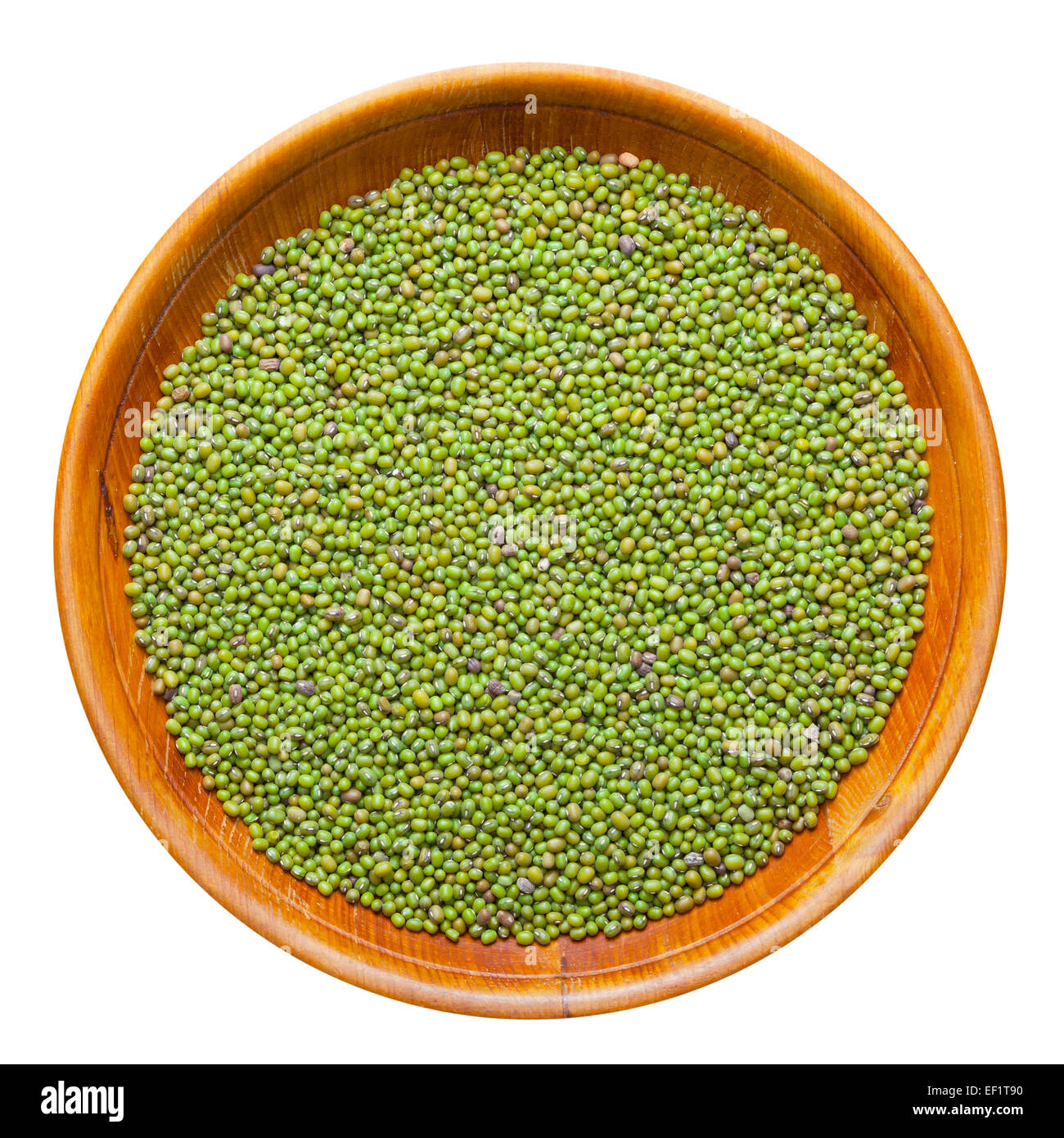green mung bean in wooden bowl, isolated on white, top view Stock Photo
