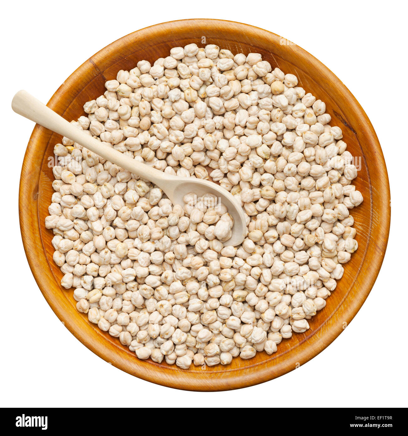 Chickpeas on wooden plate with spoon, isolated on white, top view Stock Photo