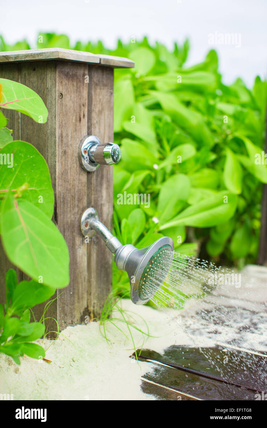 Close up outdoor beach shower at exotic resort Stock Photo Alamy