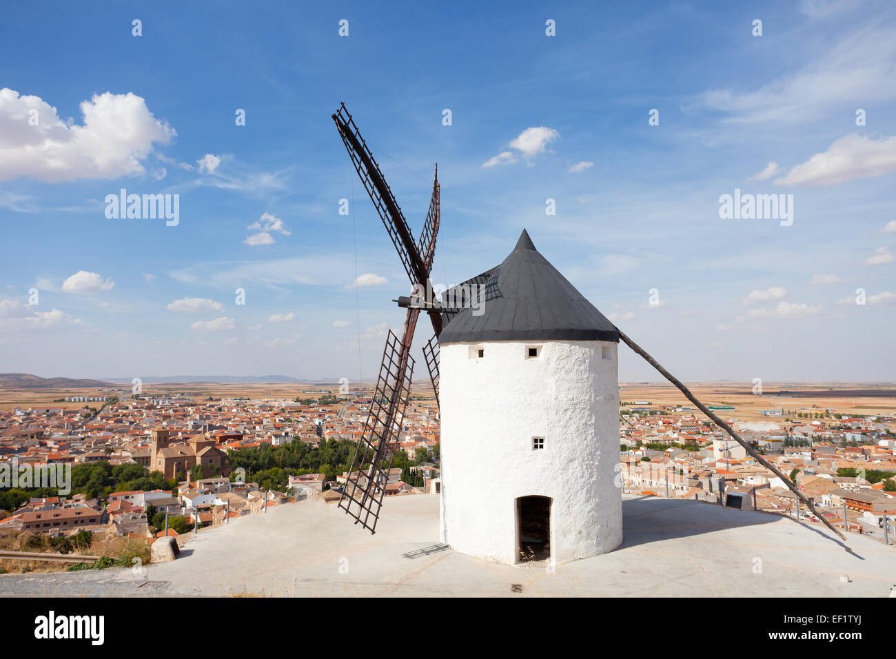 Ancient windmills in the sunny summer day, Konsuegra, Spain Stock Photo